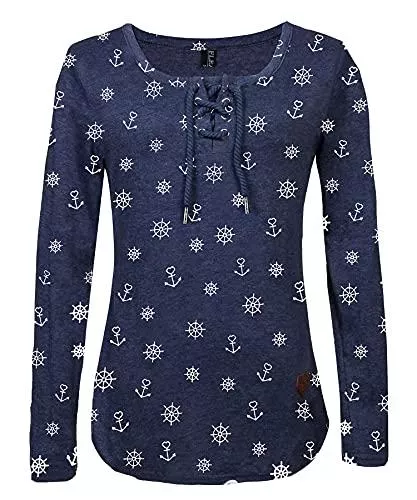 FLEASEE Langarmshirts FLEASEE Damen Casual Langarm-Shirt mit Kordeln Lady Basic Langsleeve Anker Druck Oberteile