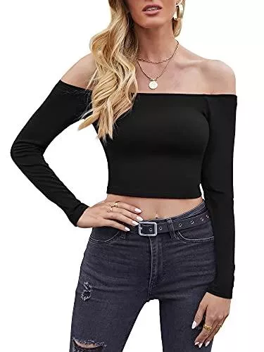 MSBASIC Langarmshirts MSBASIC Crop Top Damen Bauchfrei Top Schulterfrei Oberteil Damen Crop Shirt Carmen Ausschnitt