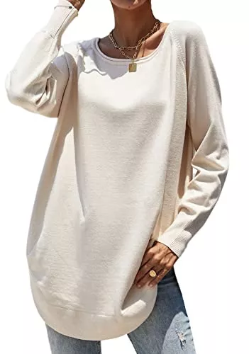 Jiraewh Pullover & Strickmode Jiraewh Damen Lang Pullover Einfarbig Strickpullover Casual Langarmshirt Rundhals Lose Longshirt Oversize Tops
