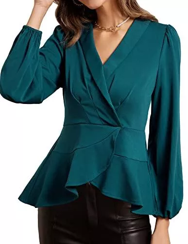 GRACE KARIN Langarmblusen GRACE KARIN Damen Elegant Revers Tunika Bluse V-Ausschnitt Langarm Tops Wickelshirt Slim fit Hemdbluse