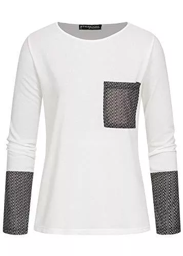 Styleboom Fashion Langarmshirts Styleboom Fashion® Damen 2-Tone Longsleeve Brusttasche Zick Zack Print Weiss schwarz