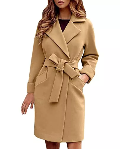Skrsila Mäntel Skrsila Damen Mantel Lang Wollmantel Langarm Umlegekragen Trenchcoat Elegant Einfarbig Wintermantel mit Gürtel Herbst Winter Jacke Outwear Mantel