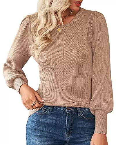 Merloria Pullover & Strickmode Merloria Pullover Damen Rundhals Laternenärmel Strickpullover Eleganter Langarm Jumper Winter Pulli Warm Oversize Oberteile Top