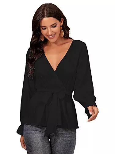 DIDK Langarmblusen DIDK Damen Blusen Tief V-Ausschnitt Wickelbluse Langarm Chiffonbluse Elegant Oberteil Casual Volant Ärmel Shirts mit Gürtel
