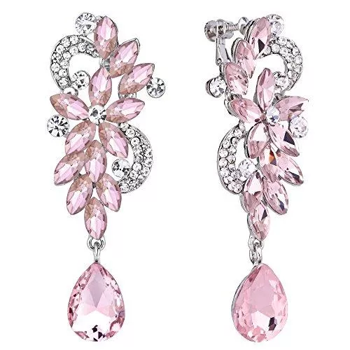 Clearine Schmuck Clearine Damen Ohrclips Böhmisch Kristall Blume Hochzeit Braut Tropfen Lang Screw Clip-On Ohrclip Ohrringe