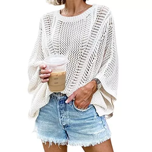 GOTOTOP Pullover & Strickmode GOTOTOP Damen Rundhals Langarm Oversize Sweatshirt Cutout Häkelarbeit Stricktop Pullover mit Fledermausärmel