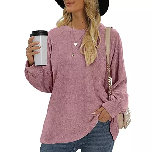 Ausla Pullover & Strickmode Ausla Damen Rundhals Langarm Pullover Oversize Sweatshirt mit Laternenärmel