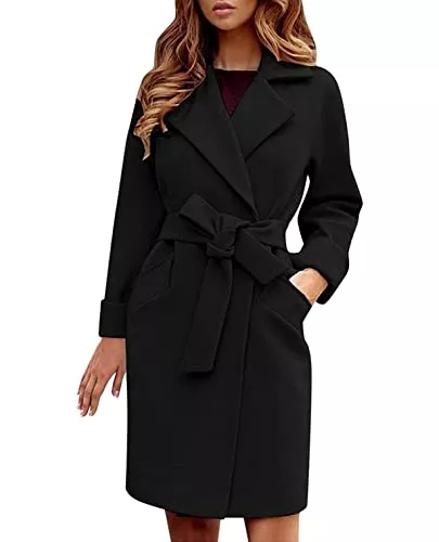 Skrsila Mäntel Skrsila Damen Mantel Lang Wollmantel Langarm Umlegekragen Trenchcoat Elegant Einfarbig Wintermantel mit Gürtel Herbst Winter Jacke Outwear Mantel