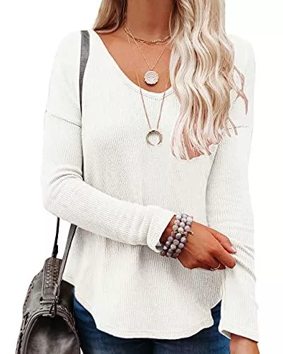 NONSAR Pullover & Strickmode NONSAR Damen Waffel Strickpullover V-Ausschnitt Einfarbige Langarmshirt Lockere Pullover Oberteile Tops