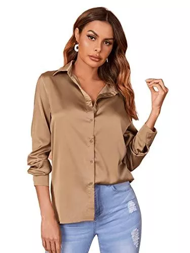 SheIn Langarmblusen SheIn Damen Satin Blusen Hemdbluse Basic Hemd Umlegekragen Elegant OL Work Langarm Formelle Hemden Tunika Bluse mit Knöpfen