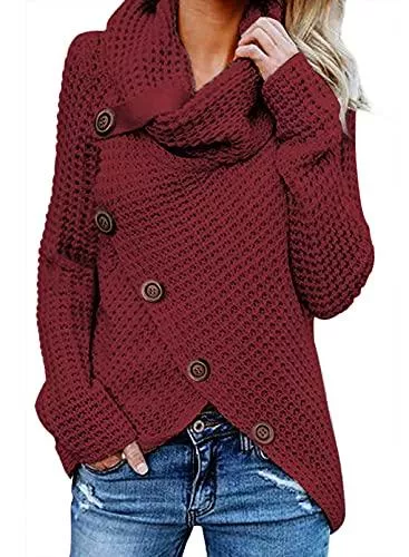 FIYOTE Strickjacken FIYOTE Pullover Damen Rollkragenpullover Asymmetrische Winter Pulli Strickpullover Casual Wrap Wickel Pullover Strickjacken für Damen S/M/L/XL/XXL