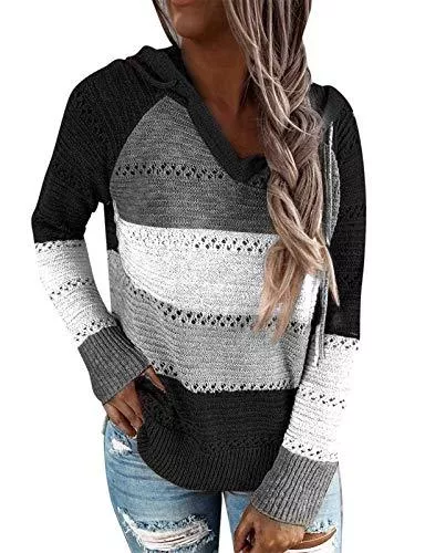 heekpek Kapuzenpullover heekpek Damen Knit Hoodie Sweatshirts Pulli Gestreift Wickelpullover Langarm Strickpullover Casual Patchwork Kapuzenpullover V Ausschnitt Herbst Winter