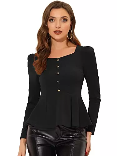 Allegra K Langarmblusen Allegra K Damen Eckigem Ausschnitt Knöpfen Peplum Rüschen Oberteil Strickbluse Top Bluse