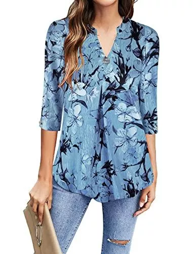 Lalala Langarmblusen Damen Bluse 3/4 Arm V Ausschnitt Tunika Shirt Lässige Lockere Oberteile Longshirt Tops