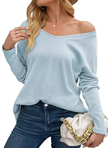 Hiistandd Pullover & Strickmode Hiistandd Langarmshirt Damen Rundhals Shirt Waffel Tops Oberteile Herbst Winter