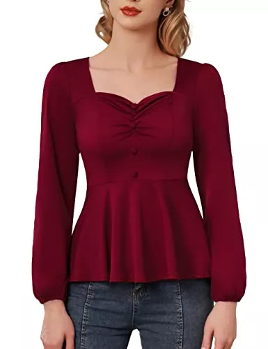 Belle Poque Langarmblusen Belle Poque Damen Bluse Langarm Quadratischer Ausschnitt Rüschensaum Oberteile Vintage Elegant