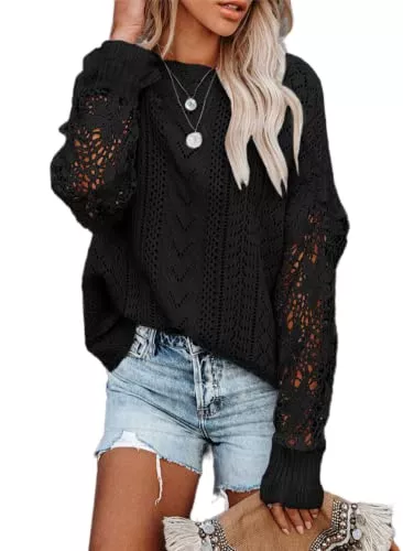 Dokotoo Pullover & Strickmode Dokotoo Pullover Damen Spitze Langarm Strickpullover Pulli Casual Rundhals Lose Oberteile Elegant Herbst Winter Langarmshirt Sweatshirt Tops S-XXL
