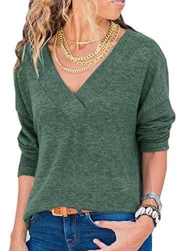 Hiistandd Pullover & Strickmode Hiistandd Damen Shirt V-Ausschnitt Tops Casual Langarmshirt Gestrickt Einfarbig Oberteile