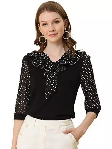 Allegra K Langarmblusen Allegra K Damen Freizeit Rüschen und Krawatten 3/4 Ärmeln Top Bluse