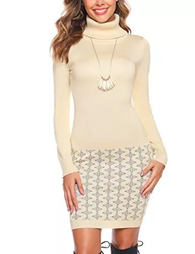 Aottori Freizeit Aottori Damen Strickkleid Elegant Pulloverkleid Rollkragen Pullikleid Lang Pullover Kleid Langarm Freizeitkleider Stretch Strickpullover Warme Sweater Winterkleid Minikleid für Herbst Winter