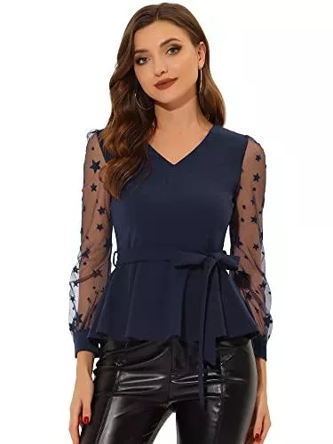 Allegra K Langarmblusen Allegra K Damen Halloween Langarm V-Ausschnitt Mesh Stern Rüschen Bindegürtel Oberteil Top Bluse