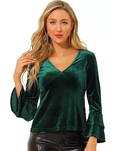 Allegra K Langarmblusen Allegra K Damen Langarm V Neck Samt Peplum Top Bluse