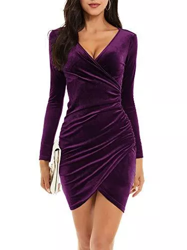 MSBASIC Abendkleider MSBASIC Winterkleid Damen Langarm Festlich Kleid Winter Damen Elegant Abendkleid Kurz Weihnachtskleid V Ausschnitt Partykleid Samtkleid