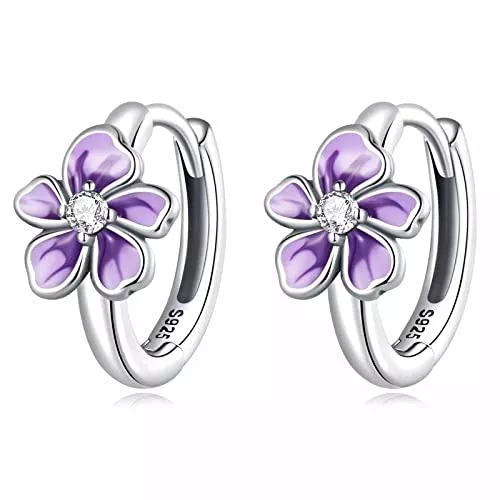 Qings Schmuck Qings Blumen Creolen Ohrringe Damen 925 Sterling Silber Hypoallergen Kleine Creolen Lila Blume Huggie Ohrringe Mode Knorpel Ohrring Geburtstags Geschenk für Mädchen Tochter