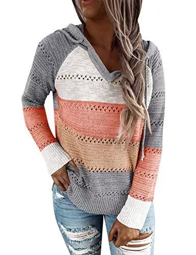 heekpek Kapuzenpullover heekpek Damen Knit Hoodie Sweatshirts Pulli Gestreift Wickelpullover Langarm Strickpullover Casual Patchwork Kapuzenpullover V Ausschnitt Herbst Winter