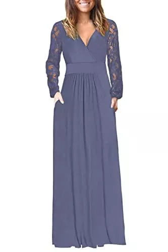 WNEEDU Freizeit WNEEDU Damen Maxikleid mit Spitzenärmeln