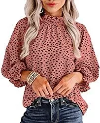 datasy Langarmblusen datasy Damen Lässiges Leopardenmuster Puff 3/4 Ärmel Rüschen Mock Neck Bluse Top