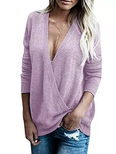 Cindeyar Pullover & Strickmode Damen Sweater Pulli Langarm Casual Sexy V-Ausschnitt Pullover Sweatshirt Oversize Loose Lange Ärmel Stricken Oberteil Tops Rückenfrei Fledermaus Batwing Rücken Kreuz