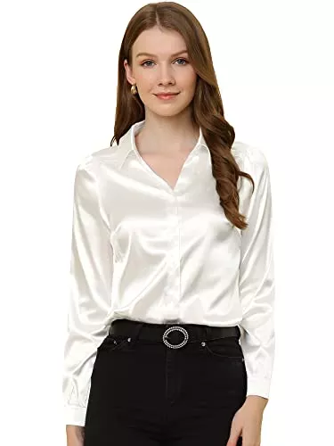 Allegra K Langarmblusen Allegra K Damen Satin Shirts, Solid Satin Shirt Tops, V Ausschnitt Langarm Top, Arbeit Büro Hemd Bluse für Frauen