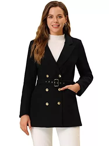 Allegra K Blazer Allegra K Damen Langarm Revers Zweireihig Gürtel Outwear Pea Wintercoat Mantel