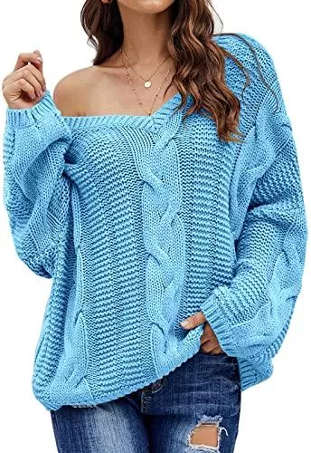 Nilimoph Pullover & Strickmode Pullover Damen Winter Pullis Loose V-Ausschnitt Strickpullover Casual Langarmshirt Grobstrick Oversize Pulli Oberteile