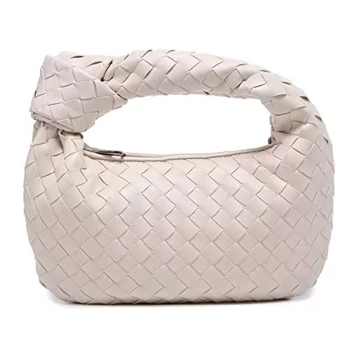QWERTYUI Taschen & Rucksäcke QWERTYUI Damen Handtasche Retro Geknotete Gewebte Schultertasche Weiche Leder Umhangetasche Mode Handgefertigte Bag Leichte Einkaufstasche,Off White