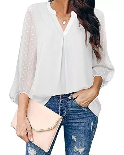 Maxwinee Langarmblusen Maxwinee Bluse Damen V-Ausschnitt Chiffon Blusenshirt 3/4 Netz Ärmel Sommer Oberteile Elegant