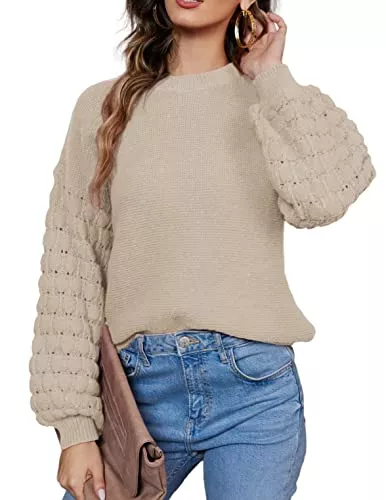 Hotouch Pullover & Strickmode Hotouch Damen Strickpullover mit Langen Puffärmel Gestrickter Oberteile Rundhals Herbst Strukturierter Sweater Winter