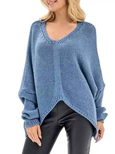 SOVENTUS FASHION Pullover & Strickmode SOVENTUS FASHION Damen Strickpullover grobmaschig Pullover Oversize v Ausschnitt Grobstrick Herbst