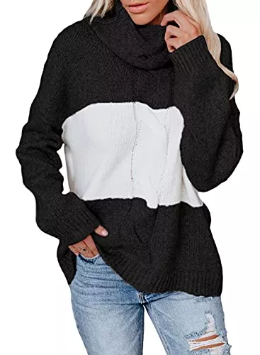 Jusfoouo Pullover & Strickmode Jusfoouo Pullover Damen Rollkragen Freizeitpullover Winter Strickpullover mit Kontrast Warmes und Elegantes Oberteil Langarm Lose Rollkragen Warm Tops S-XXL