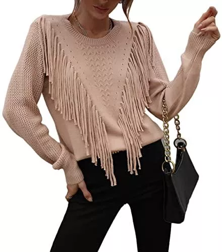 AMOMA Pullover & Strickmode AMOMA Damen Pullover mit Rundhalsausschnitt Langen Ärmeln Gerippter Strickpullover mit V-Quaste