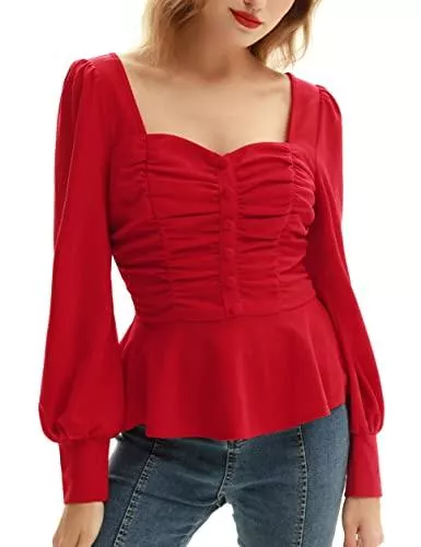 Belle Poque Langarmblusen Belle Poque Damen Mittelalter Elegant Tops Langarm Quadratischer Herzausschnitt mit Rüschensaum Oberteile