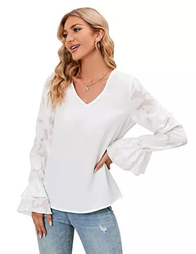 KOJOOIN Langarmblusen KOJOOIN Damen Bluse Langarm V-Ausschnitt Chiffon Hemd Casual Elegant Tunika Tops(Verpackung MEHRWEG