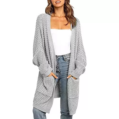 Shujin Strickjacken Shujin Damen Strickjacke Cardigan Lang Langarm V Ausschnitt mit Fledemaus Ärmel Oversize Strickmantel Strickpullover Offene Tops Strickcardigan Outerwear