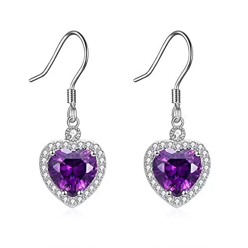 VONALA Schmuck Herz Ohrringe mit Kristall Zirkonia Silber 925 Lila Liebes Herz Anhänger Hängende Baumeln Tropfen Ohrringe Schmuck Geschenke für Damen Mädchen