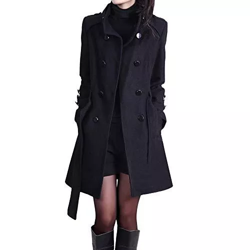 Lulupi Mäntel Lulupi Damen Winter Mantel Trenchcoat mit Gürtel, Übergangsmantel Wollmantel Zweireiher Stehkragen Jacke PEA Coat Mode Frauen Winterjacke Outwear