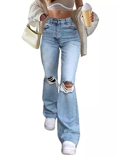 shownicer Jeans shownicer Damen Jeans Hose mit Hoher Taille Y2K Style Harajuku E-Girl Streetwear Hose Casual Baggy Vintage Flare Denim Hose Freizeit Loose Gerade Hosen