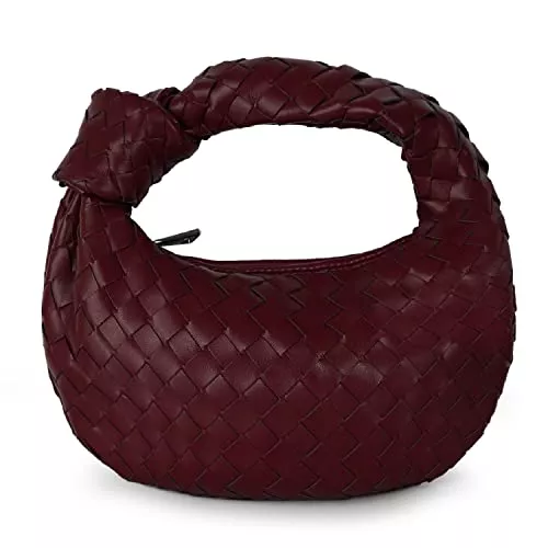 QWERTYUI Taschen & Rucksäcke QWERTYUI Damen Handtasche Retro Geknotete Gewebte Schultertasche Weiche Leder Umhangetasche Mode Handgefertigte Bag Leichte Einkaufstasche,Wine red
