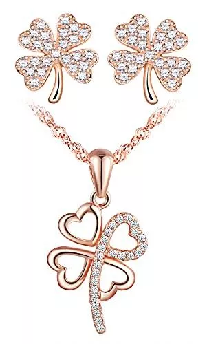 Yumilok Schmuck Yumilok Schmuckset Damen Schmuck Set Kleeblatt Halskette mit Ohrringen Zirkonia Kette Ohrstecker in 925 Sterling Silber für Mädchen Roségold