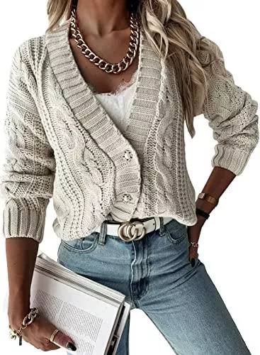 Elegancity Strickjacken Elegancity Damen Strickjacke Pullover V Ausschnitt Warm Cardigan Kurz Einfarbig Winterjacke Pulli Mit Einzig Knöpfe Jacket Langarm Coat Oberteile S-2XL